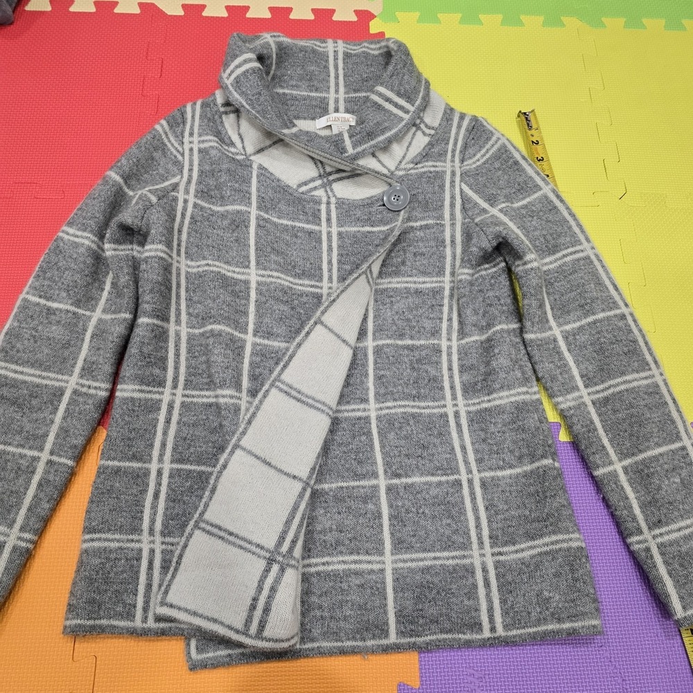 Ellen Tracy Women's Plaid Asymmetrical Snap Cardigan Sweater - Grey/White - Size